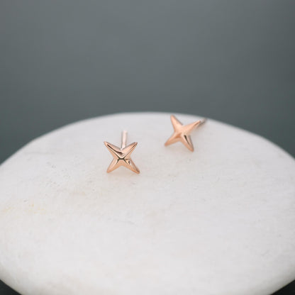 Four Point Star Stud Earrings in Sterling Silver, Tiny Celestial Stud, Polished or Textured, Gold or Silver