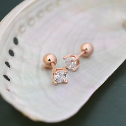 Four Prong CZ Screw Back / Flat Back / Stud Earrings in Sterling Silver, 3mm CZ, CZ Barbell Earrings, Silver or Gold