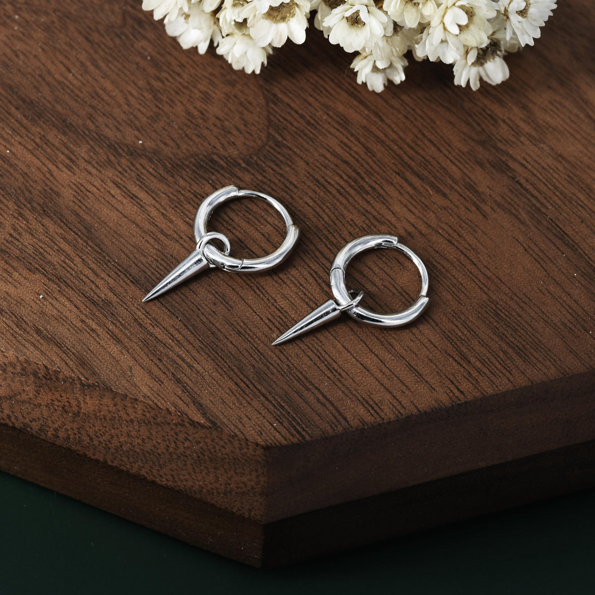Sterling Silver Dainty Spike Hoop Earrings, Detachable Spike Charm Dangle Hoop Earrings, Silver or Gold or Rose Gold or Black