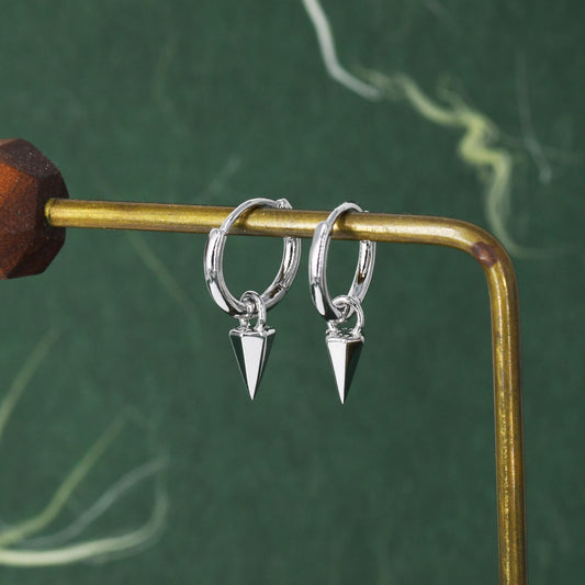 Sterling Silver Dainty Spike Hoop Earrings, Detachable Spike Pyramid Charm Dangle Hoop Earrings, Silver or Gold or Rose Gold