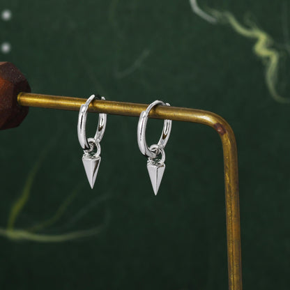 Sterling Silver Dainty Spike Hoop Earrings, Detachable Spike Pyramid Charm Dangle Hoop Earrings, Silver or Gold or Rose Gold