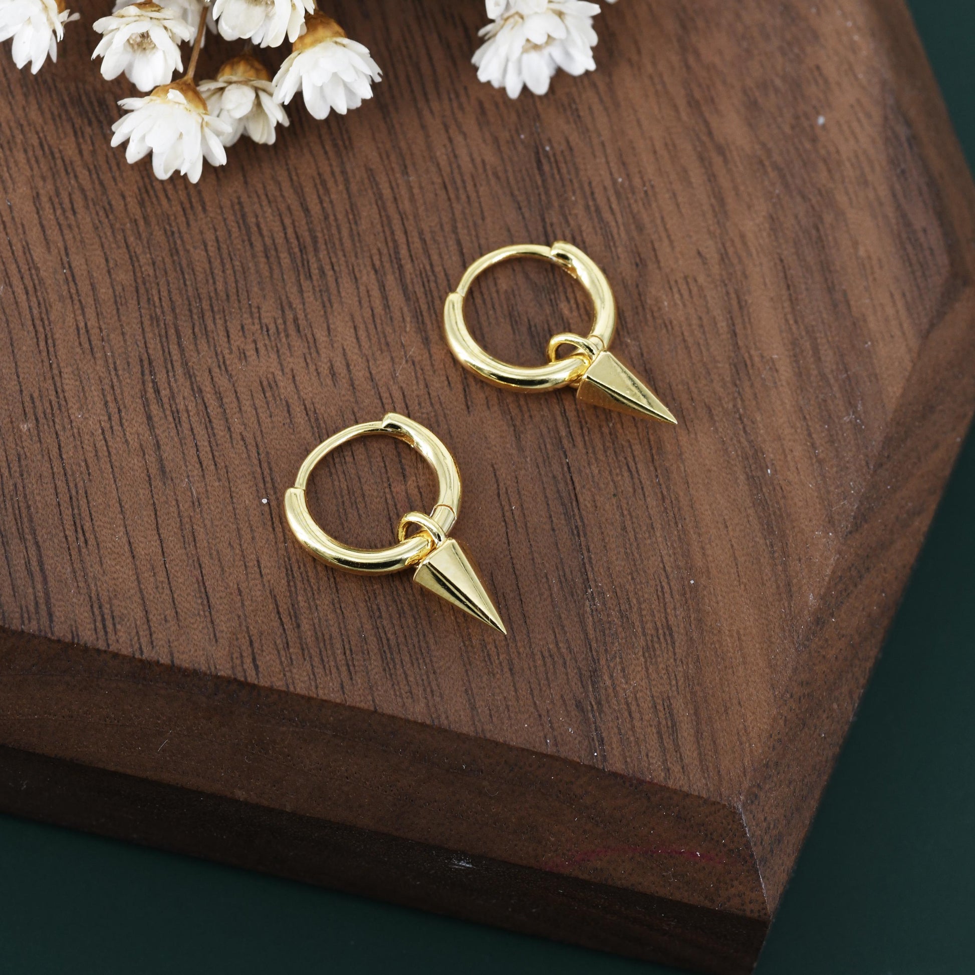 Sterling Silver Dainty Spike Hoop Earrings, Detachable Spike Pyramid Charm Dangle Hoop Earrings, Silver or Gold or Rose Gold