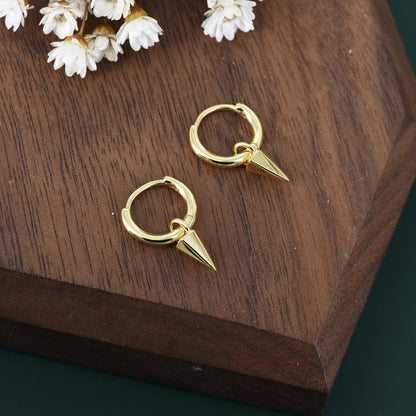 Sterling Silver Dainty Spike Hoop Earrings, Detachable Spike Pyramid Charm Dangle Hoop Earrings, Silver or Gold or Rose Gold