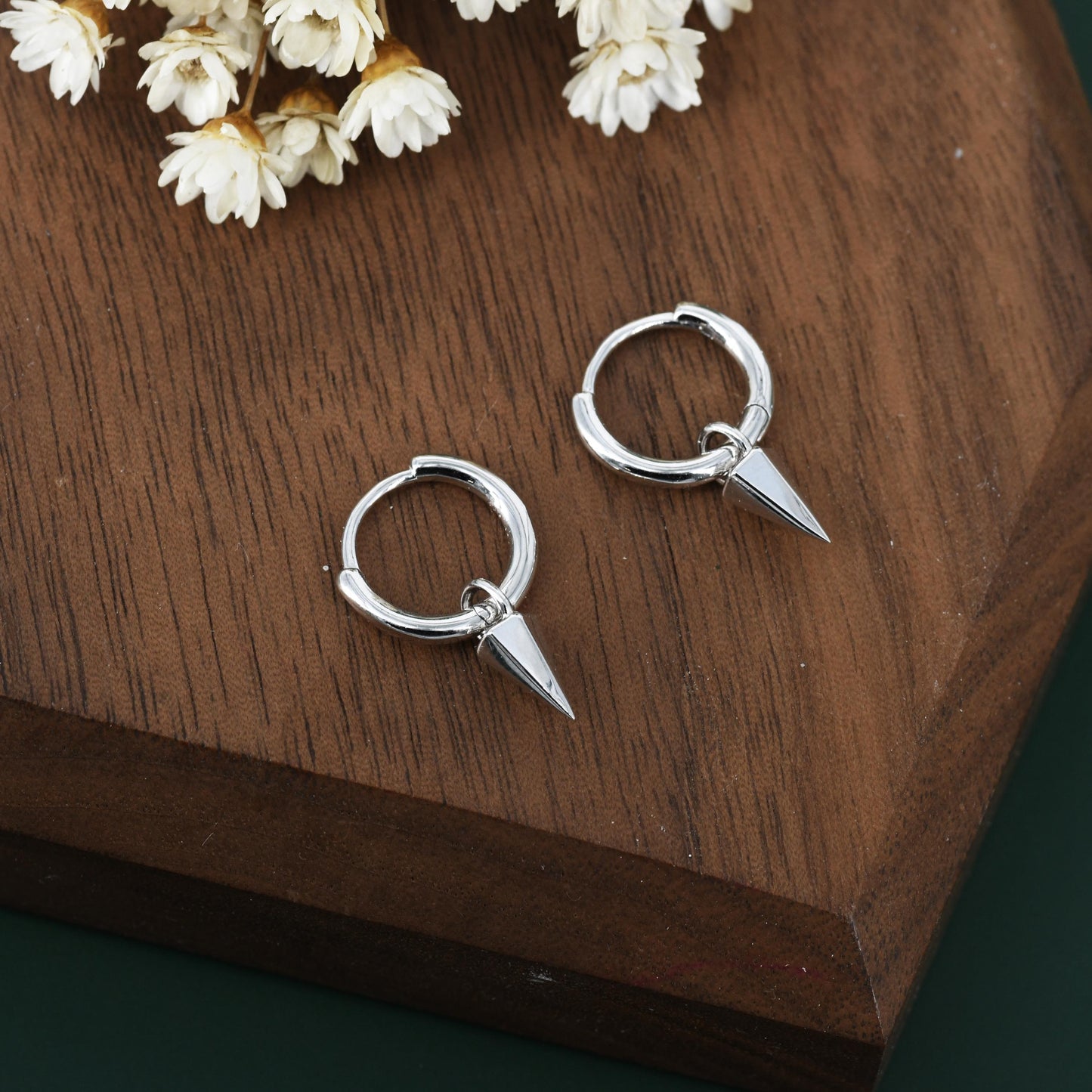 Sterling Silver Dainty Spike Hoop Earrings, Detachable Spike Pyramid Charm Dangle Hoop Earrings, Silver or Gold or Rose Gold