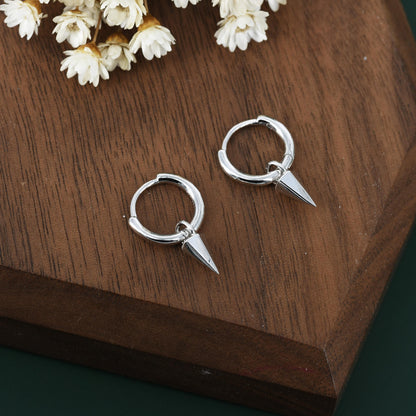 Sterling Silver Dainty Spike Hoop Earrings, Detachable Spike Pyramid Charm Dangle Hoop Earrings, Silver or Gold or Rose Gold