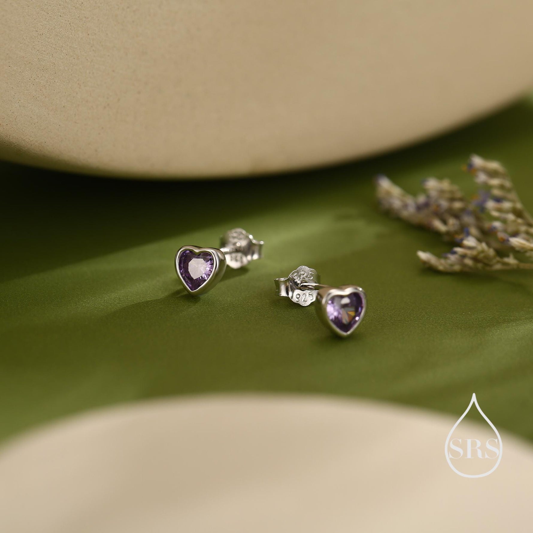 Tiny Amethyst Purple CZ Heart Stud Earrings in Sterling Silver, Silver or Gold, Purple Crystal Heart Earrings, Stacking Earrings