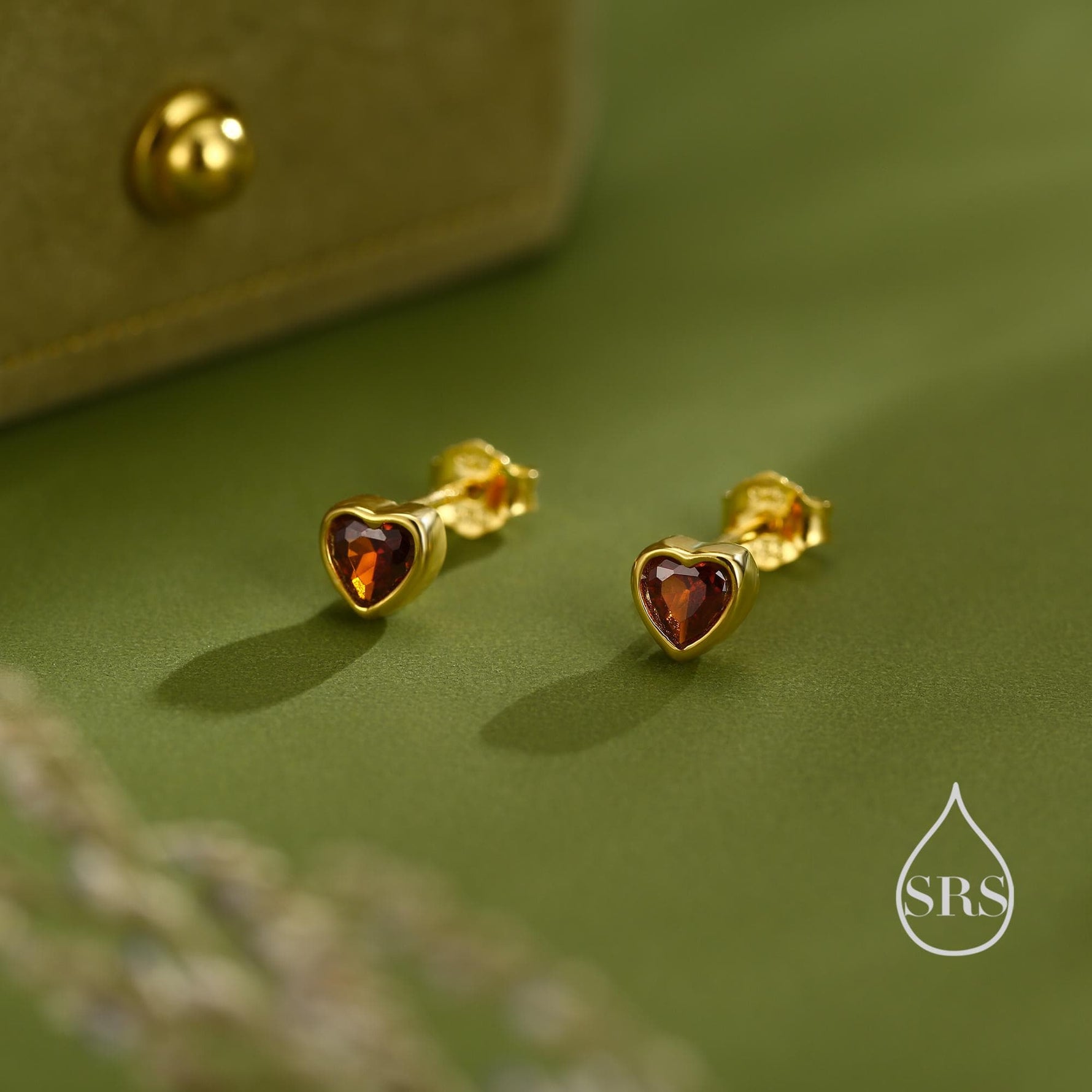 Tiny Garnet Red CZ Heart Stud Earrings in Sterling Silver, Silver or Gold, Red Crystal Heart Earrings, Stacking Earrings