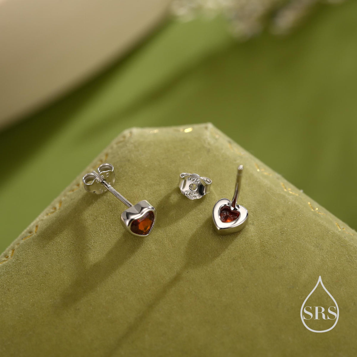 Tiny Garnet Red CZ Heart Stud Earrings in Sterling Silver, Silver or Gold, Red Crystal Heart Earrings, Stacking Earrings