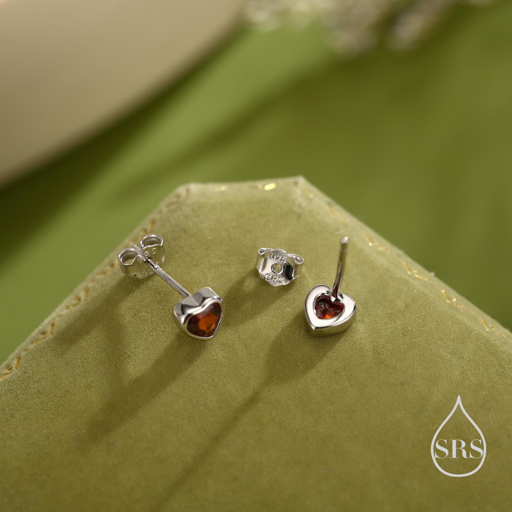 Tiny Garnet Red CZ Heart Stud Earrings in Sterling Silver, Silver or Gold, Red Crystal Heart Earrings, Stacking Earrings