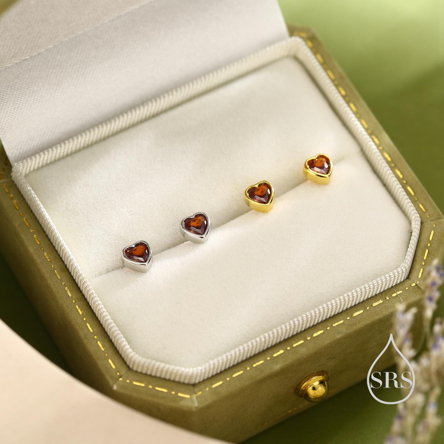 Tiny Garnet Red CZ Heart Stud Earrings in Sterling Silver, Silver or Gold, Red Crystal Heart Earrings, Stacking Earrings