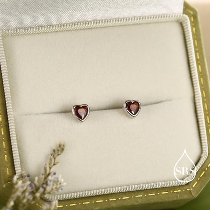 Tiny Garnet Red CZ Heart Stud Earrings in Sterling Silver, Silver or Gold, Red Crystal Heart Earrings, Stacking Earrings