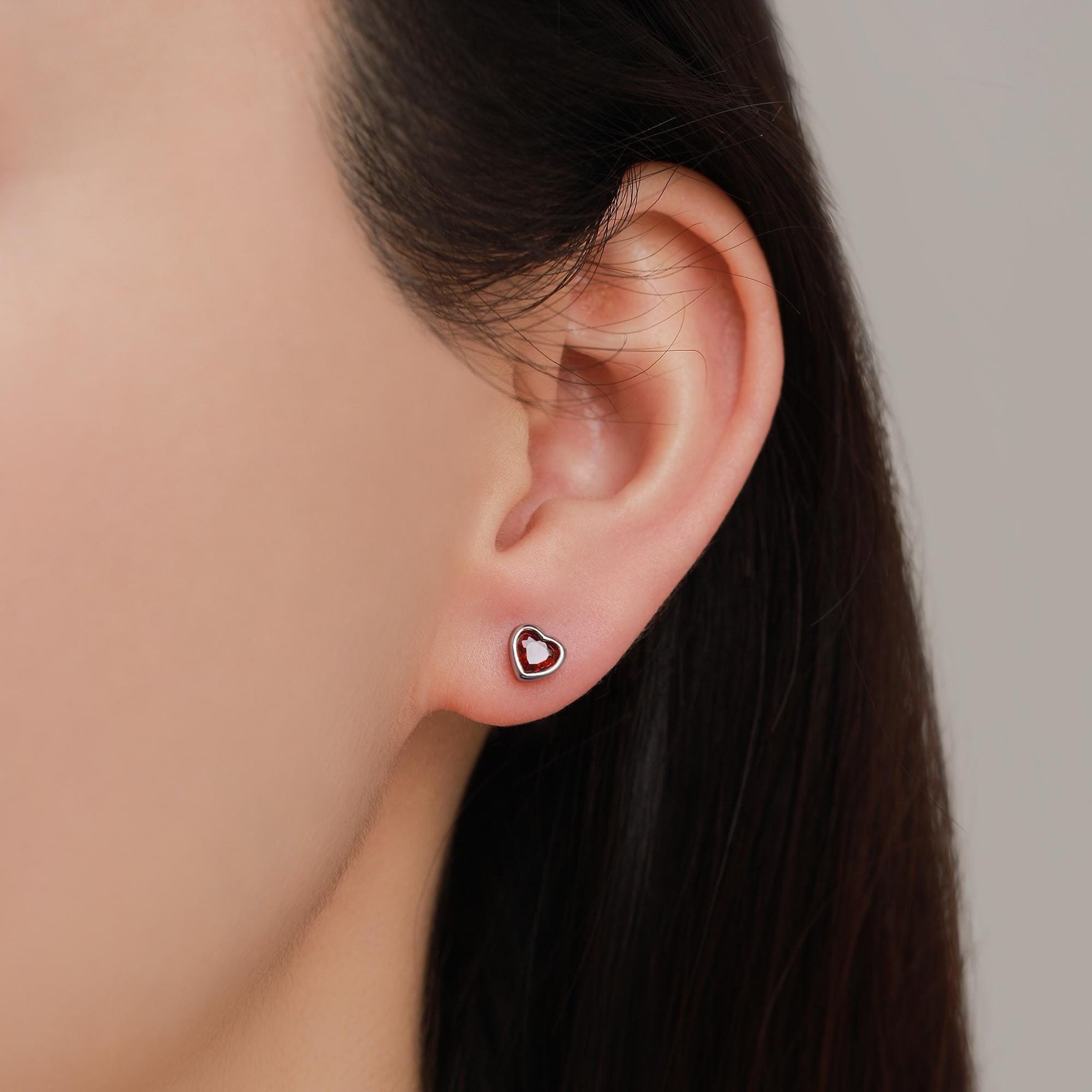 Tiny Garnet Red CZ Heart Stud Earrings in Sterling Silver, Silver or Gold, Red Crystal Heart Earrings, Stacking Earrings