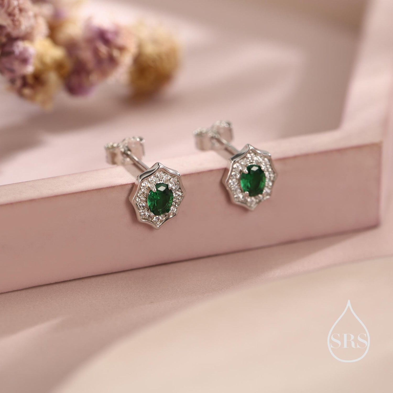 Vintage Inspired Emerald Green CZ Halo Stud Earrings in Sterling Silver, Silver or Gold,  Tiny CZ Stud Earrings, May Birthstone