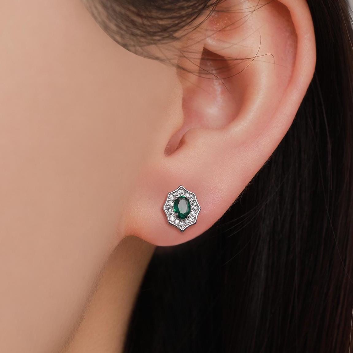Vintage Inspired Emerald Green CZ Halo Stud Earrings in Sterling Silver, Silver or Gold,  Tiny CZ Stud Earrings, May Birthstone