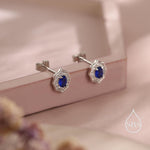 Vintage Inspired Sapphire Blue CZ Halo Stud Earrings in Sterling Silver, Silver or Gold, Tiny CZ Stud Earrings, September Birthstone