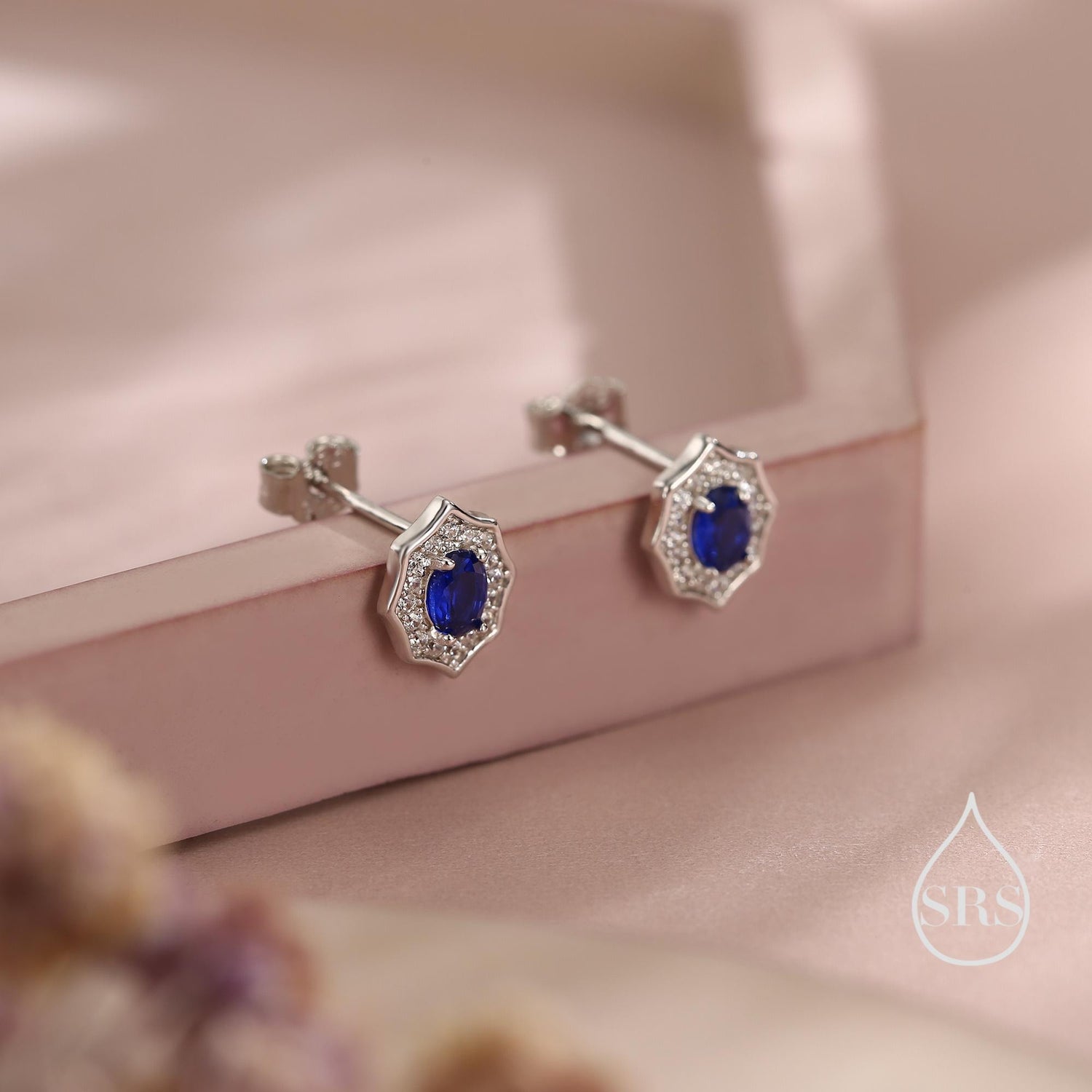 Vintage Inspired Sapphire Blue CZ Halo Stud Earrings in Sterling Silver, Silver or Gold, Tiny CZ Stud Earrings, September Birthstone