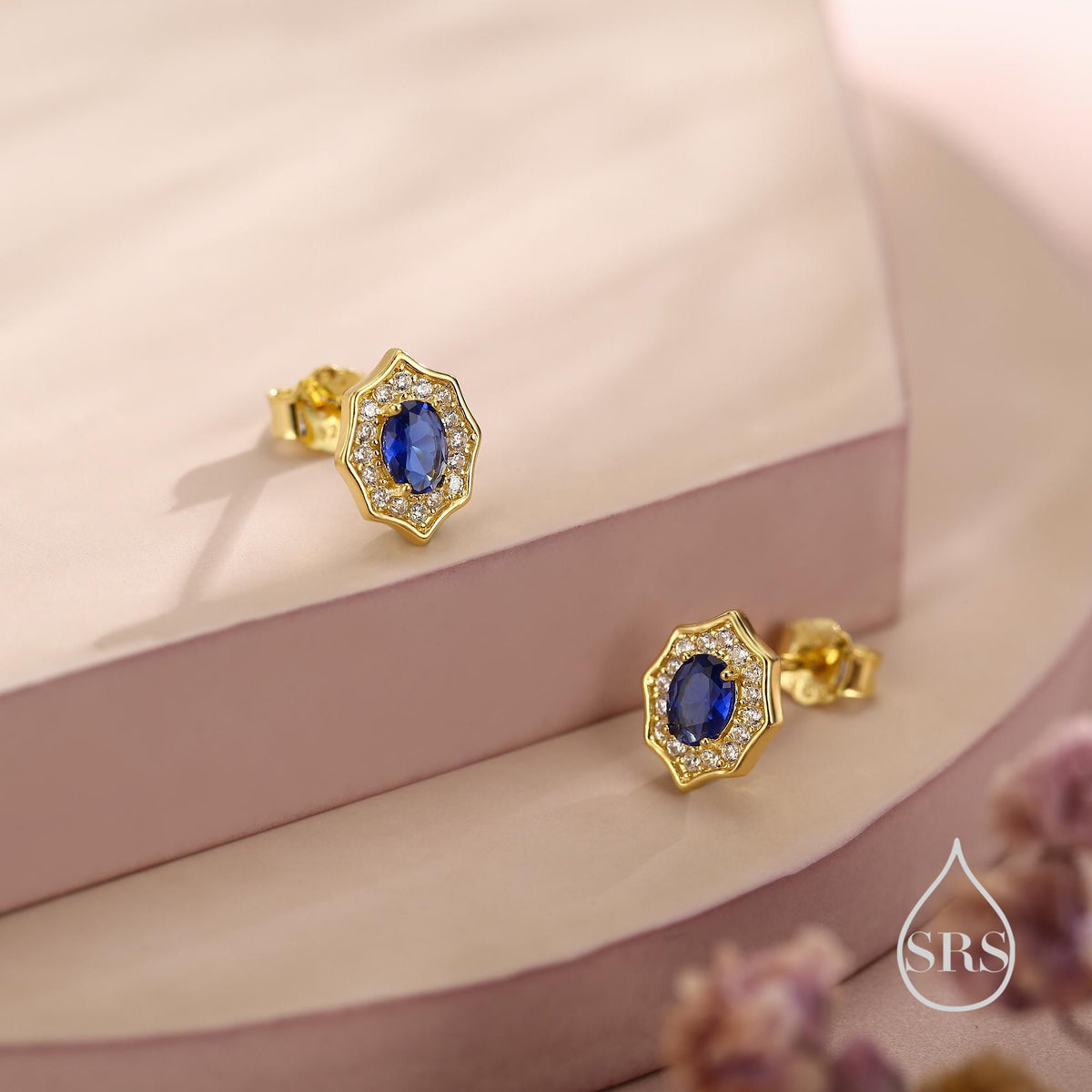 Vintage Inspired Sapphire Blue CZ Halo Stud Earrings in Sterling Silver, Silver or Gold, Tiny CZ Stud Earrings, September Birthstone