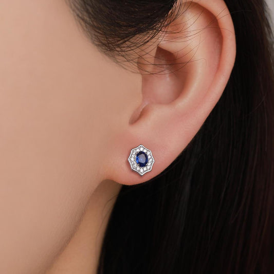 Vintage Inspired Sapphire Blue CZ Halo Stud Earrings in Sterling Silver, Silver or Gold, Tiny CZ Stud Earrings, September Birthstone