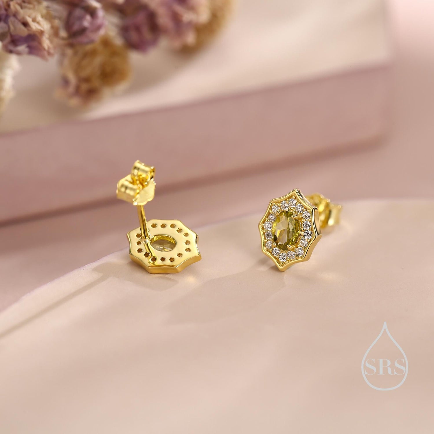 Vintage Inspired Olive Green CZ Halo Stud Earrings in Sterling Silver, Silver or Gold,  Tiny CZ Stud Earrings, May Birthstone