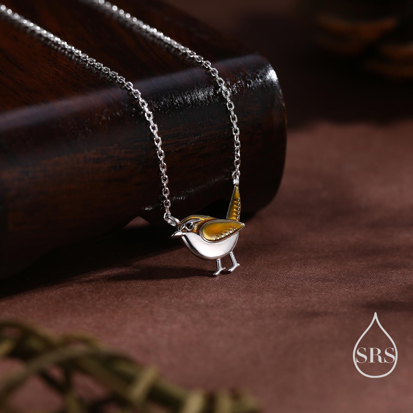 Tiny Wren Bird Pendant Necklace in Sterling Silver, Silver Enamel Wren Bird Necklace, Silver Bird Necklace,