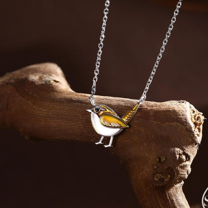 Tiny Wren Bird Pendant Necklace in Sterling Silver, Silver Enamel Wren Bird Necklace, Silver Bird Necklace,