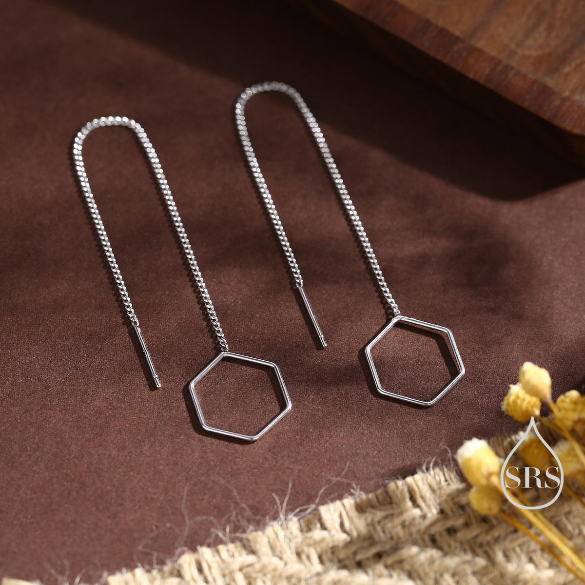 Open Hexagon Threader Earrings in Sterling Silver, Silver or Gold or Rose Gold, Chain Earrings