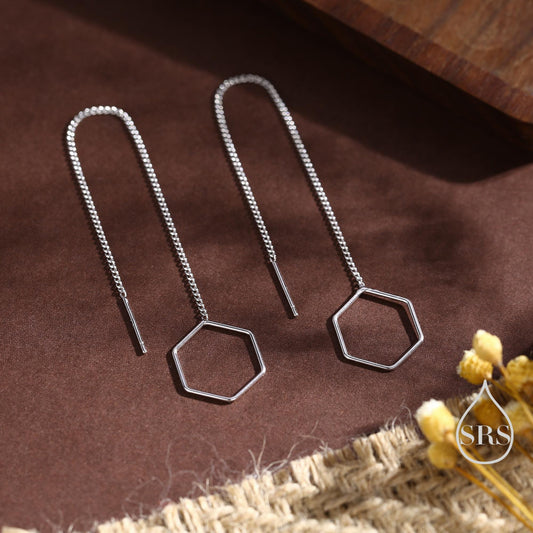 Open Hexagon Threader Earrings in Sterling Silver, Silver or Gold or Rose Gold, Chain Earrings