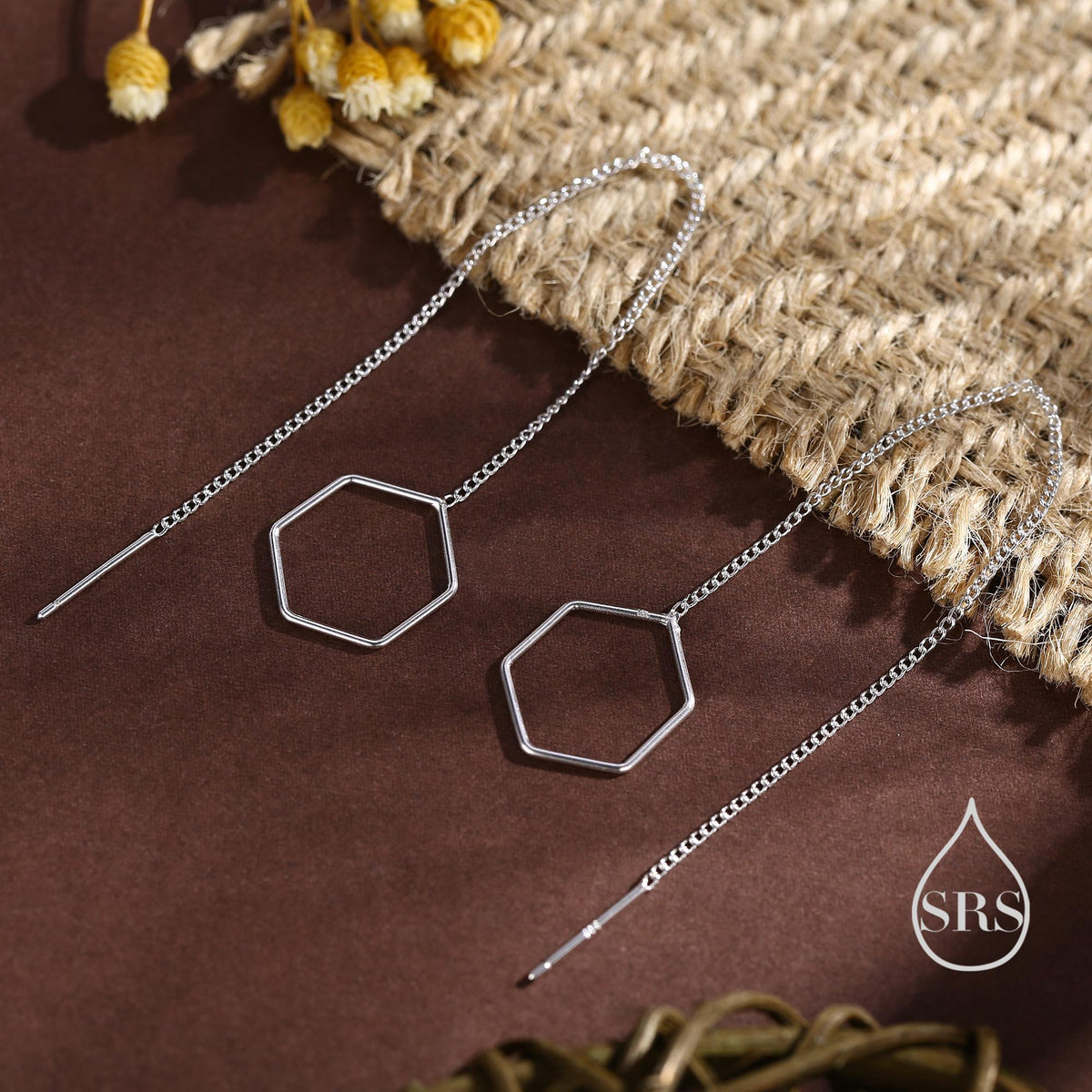 Open Hexagon Threader Earrings in Sterling Silver, Silver or Gold or Rose Gold, Chain Earrings