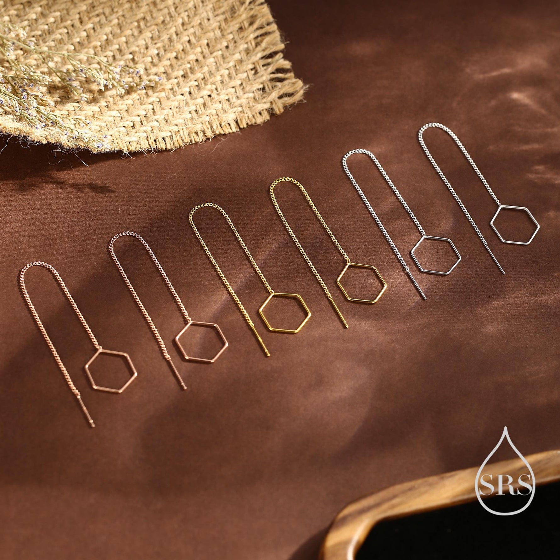 Open Hexagon Threader Earrings in Sterling Silver, Silver or Gold or Rose Gold, Chain Earrings