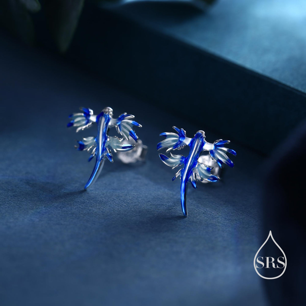 Tiny Blue Sea Dragon Stud Earrings in Sterling Silver, Enamel Blue Sea Slug Earrings, Fun Quirky and Whimsical Jewellery