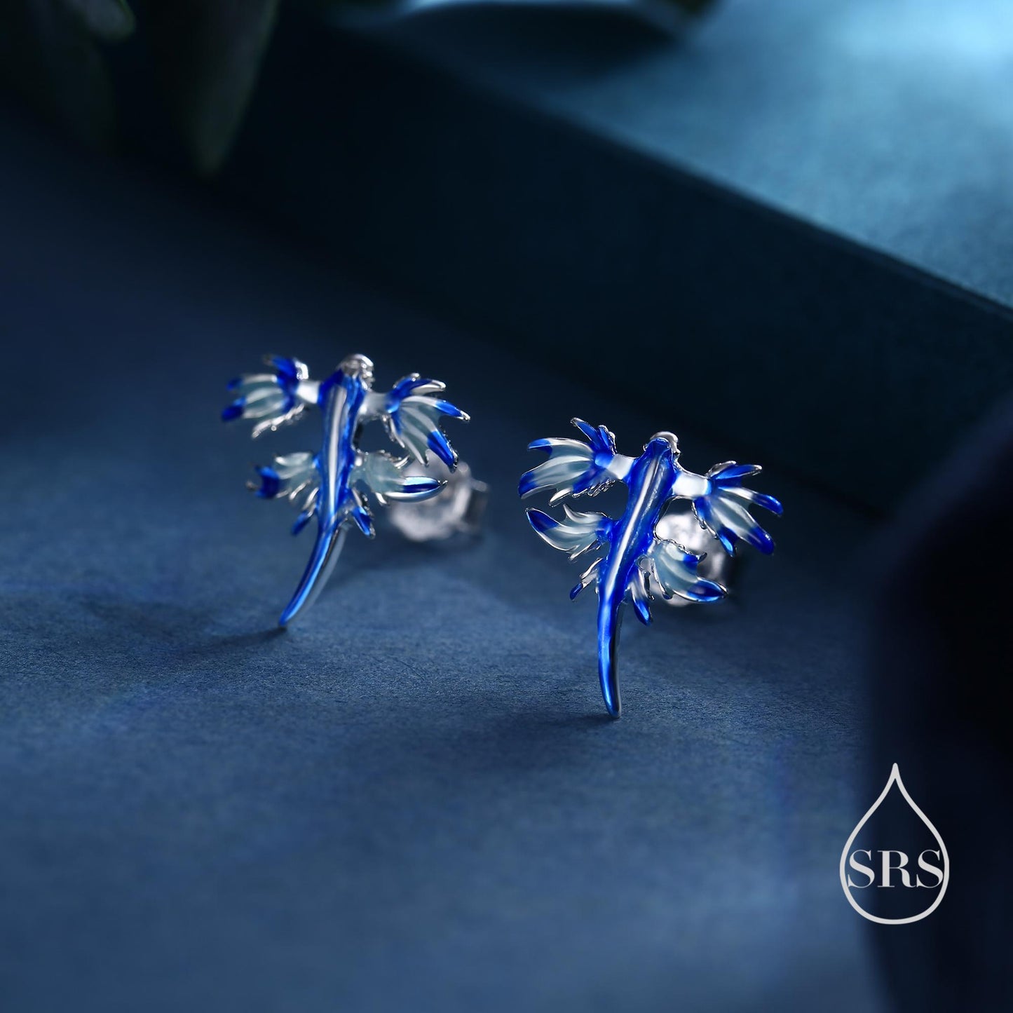 Tiny Blue Sea Dragon Stud Earrings in Sterling Silver, Enamel Blue Sea Slug Earrings, Fun Quirky and Whimsical Jewellery