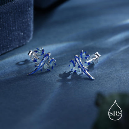 Tiny Blue Sea Dragon Stud Earrings in Sterling Silver, Enamel Blue Sea Slug Earrings, Fun Quirky and Whimsical Jewellery