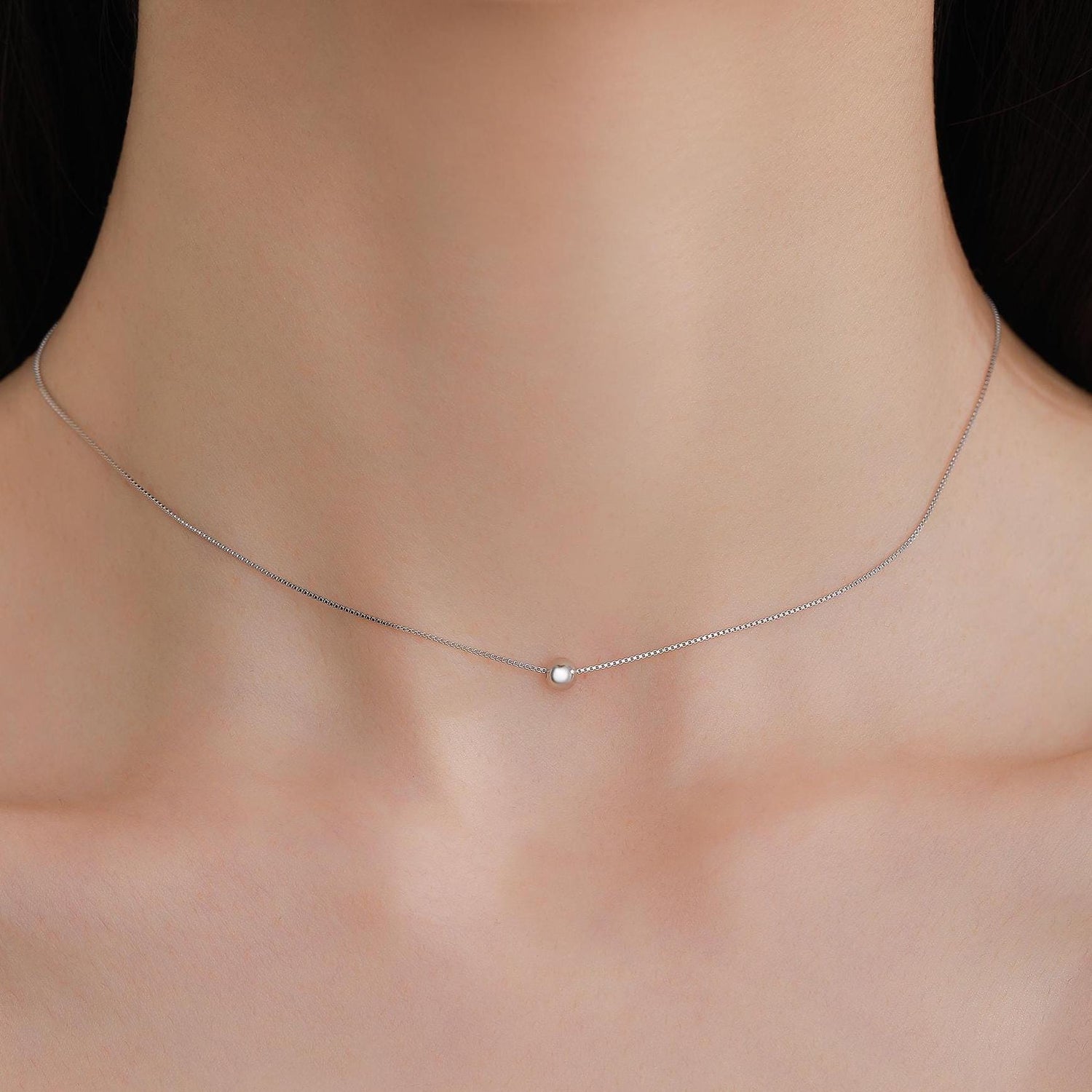 Single Bead Collar Necklace in Sterling Silver, Minimalist Ball Choker Necklace, Simple Choker Necklace