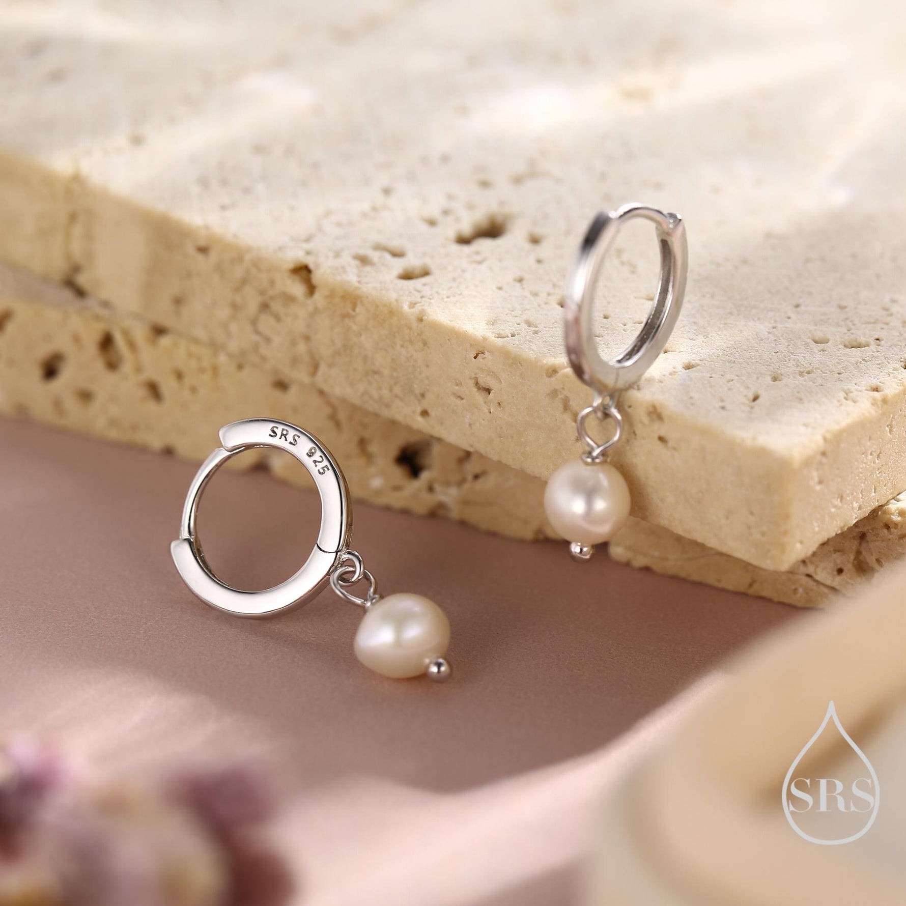 Tiny Dangle Pearl Huggie Hoops Earrings in Sterling Silver, , Genuine Freshwater Pearls, Silver or Gold, Minimalist Simple Hoop Earrings