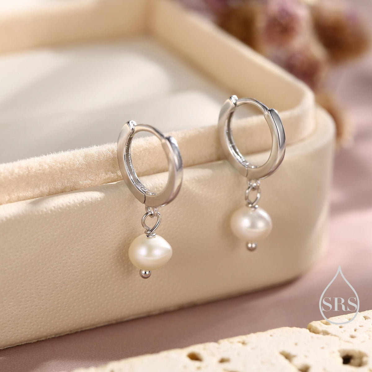 Tiny Dangle Pearl Huggie Hoops Earrings in Sterling Silver, , Genuine Freshwater Pearls, Silver or Gold, Minimalist Simple Hoop Earrings