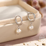 Tiny Dangle Pearl Huggie Hoops Earrings in Sterling Silver, , Genuine Freshwater Pearls, Silver or Gold, Minimalist Simple Hoop Earrings