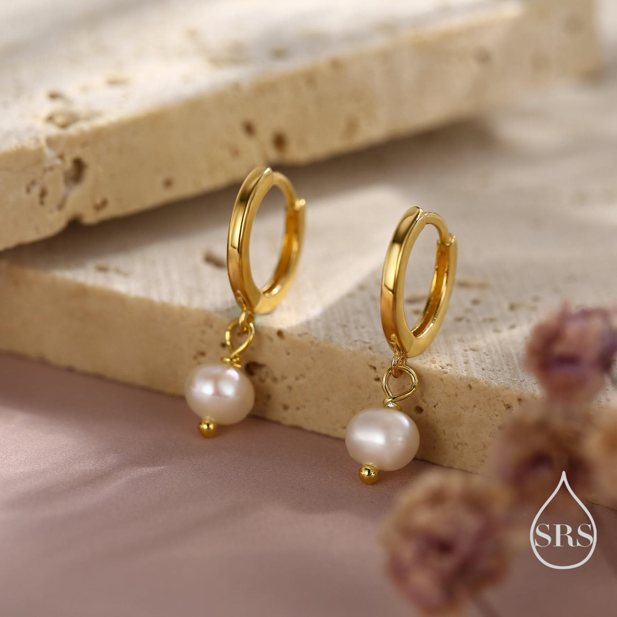 Tiny Dangle Pearl Huggie Hoops Earrings in Sterling Silver, , Genuine Freshwater Pearls, Silver or Gold, Minimalist Simple Hoop Earrings