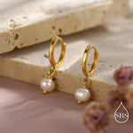 Tiny Dangle Pearl Huggie Hoops Earrings in Sterling Silver, , Genuine Freshwater Pearls, Silver or Gold, Minimalist Simple Hoop Earrings