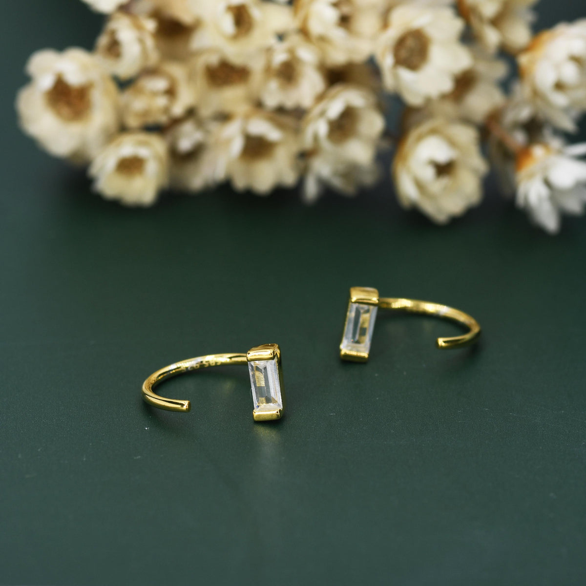 Horizontal Baguette Cut CZ Huggie Hoop Earrings in Sterling Silver, Silver or Gold, Open Hoops, Pull-Through Threader Earrings