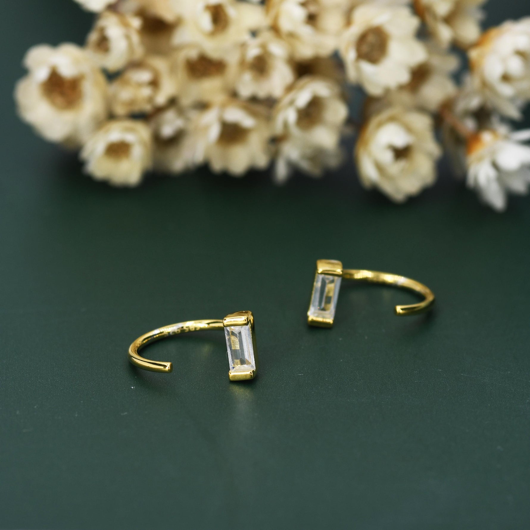 Horizontal Baguette Cut CZ Huggie Hoop Earrings in Sterling Silver, Silver or Gold, Open Hoops, Pull-Through Threader Earrings