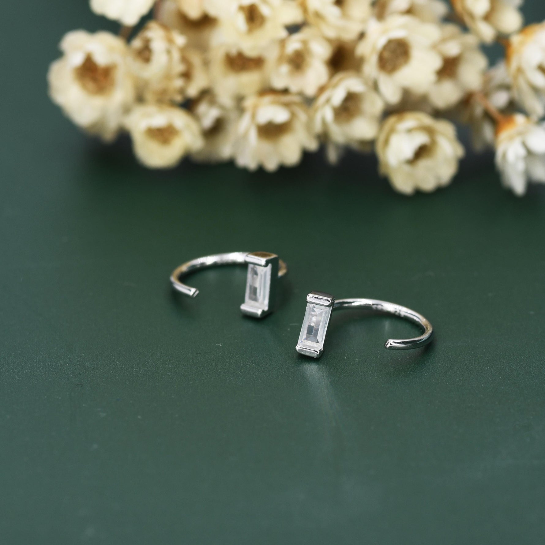 Horizontal Baguette Cut CZ Huggie Hoop Earrings in Sterling Silver, Silver or Gold, Open Hoops, Pull-Through Threader Earrings