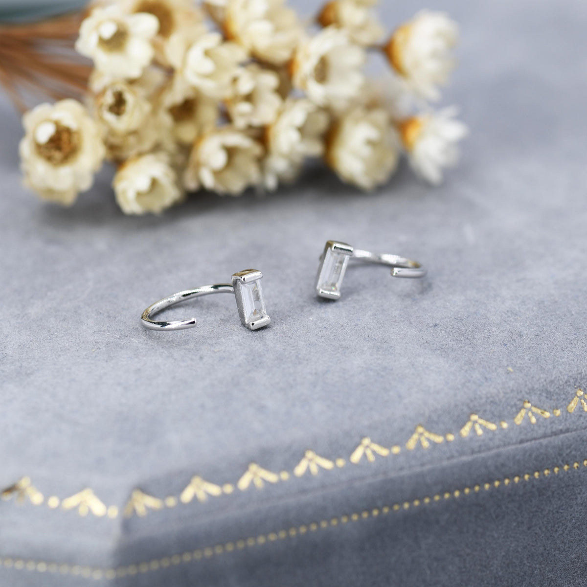 Horizontal Baguette Cut CZ Huggie Hoop Earrings in Sterling Silver, Silver or Gold, Open Hoops, Pull-Through Threader Earrings
