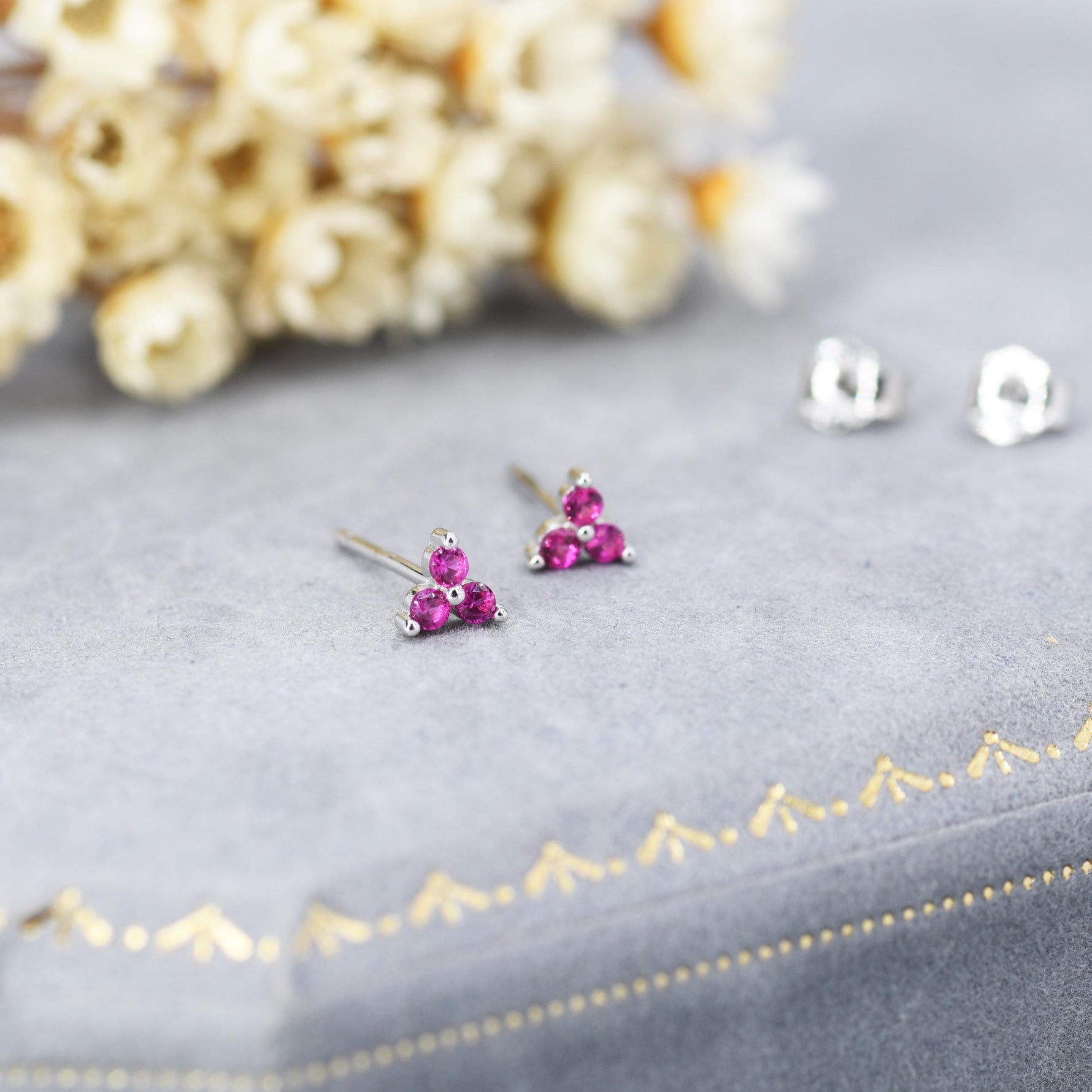 Extra Tiny Tree Dot Ruby Pink CZ Stud Earrings in Sterling Silver, Silver or Gold, Three Dot Trinity Ruby Red Earrings