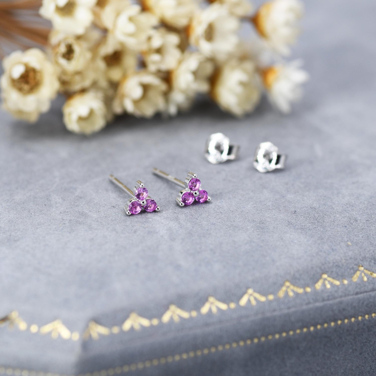 Extra Tiny Three Dot Pale Pink CZ Stud Earrings in Sterling Silver, Silver or Gold, Three Dot Trinity CZ Earrings