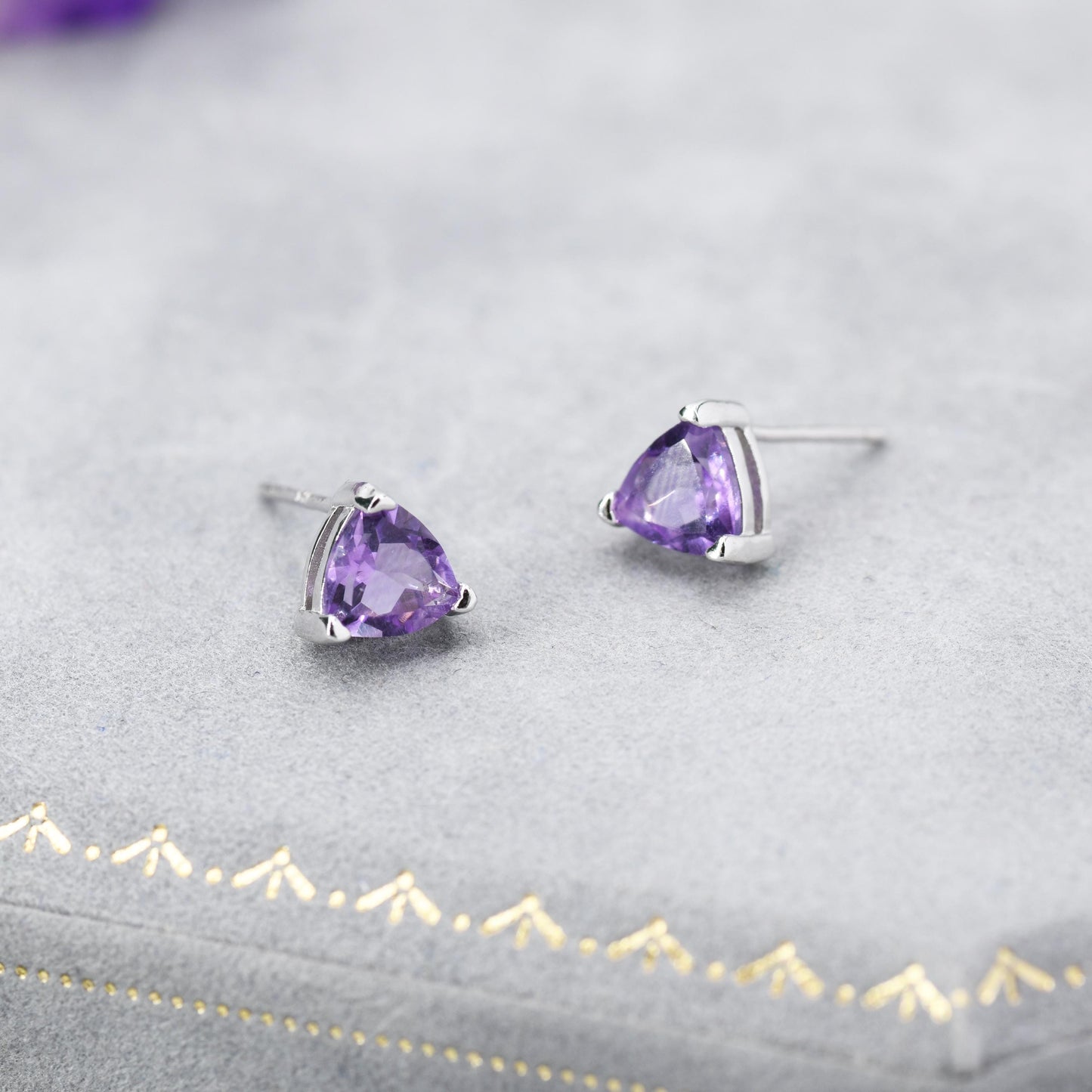 Genuine Amethyst Trillion Cut Stud Earrings in Sterling Silver, 6mm Trillion Cut, Large Amethyst Stud Earrings