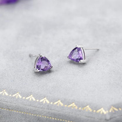 Genuine Amethyst Trillion Cut Stud Earrings in Sterling Silver, 6mm Trillion Cut, Large Amethyst Stud Earrings
