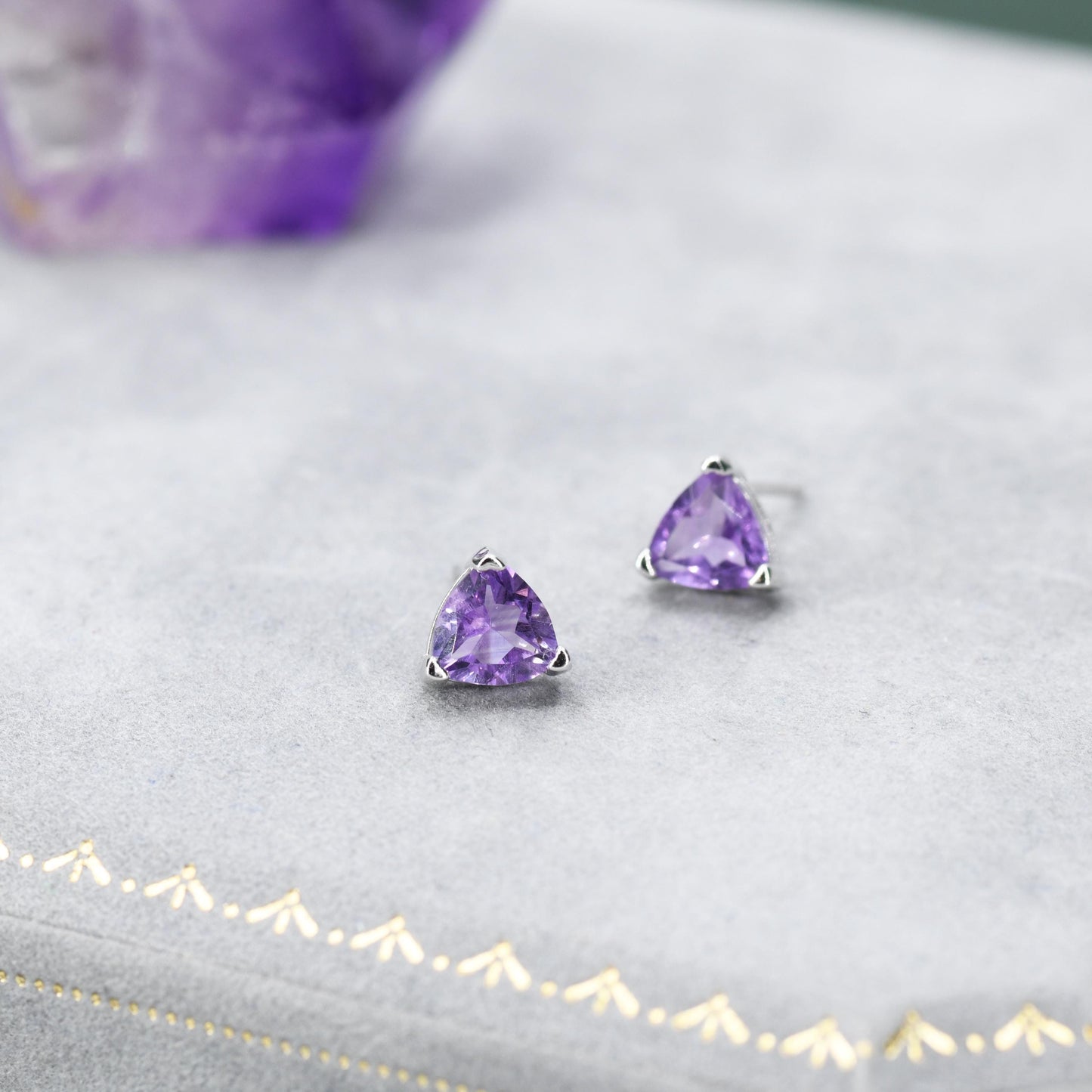 Genuine Amethyst Trillion Cut Stud Earrings in Sterling Silver, 6mm Trillion Cut, Large Amethyst Stud Earrings