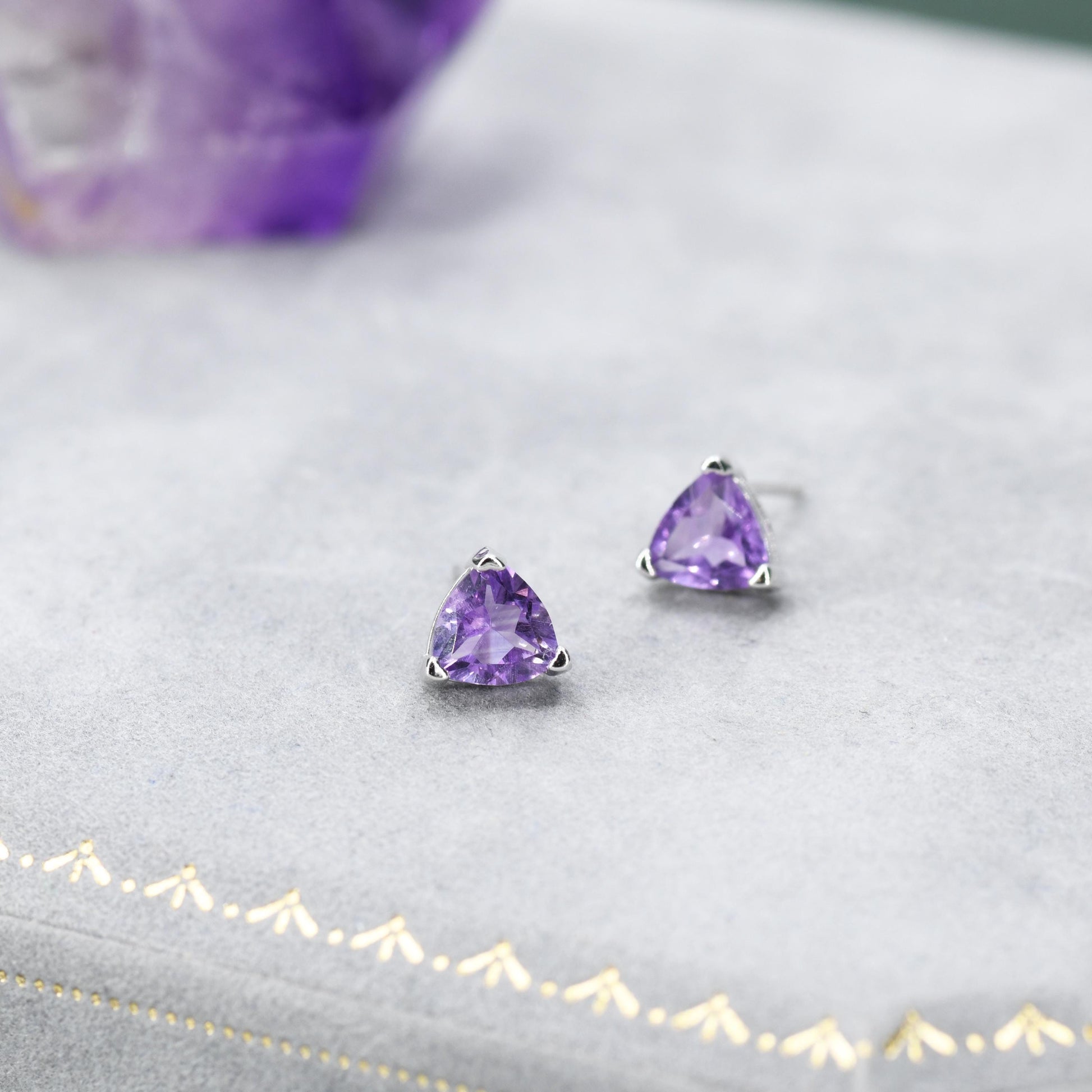 Genuine Amethyst Trillion Cut Stud Earrings in Sterling Silver, 6mm Trillion Cut, Large Amethyst Stud Earrings