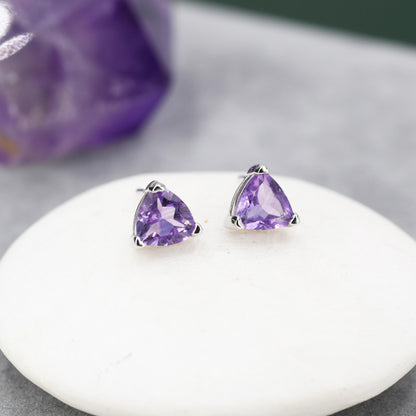 Genuine Amethyst Trillion Cut Stud Earrings in Sterling Silver, 6mm Trillion Cut, Large Amethyst Stud Earrings