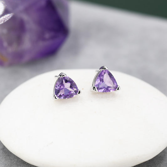 Genuine Amethyst Trillion Cut Stud Earrings in Sterling Silver, 6mm Trillion Cut, Large Amethyst Stud Earrings